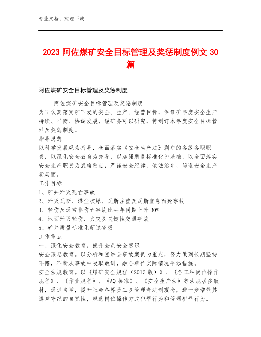 2023阿佐煤矿安全目标管理及奖惩制度例文30篇