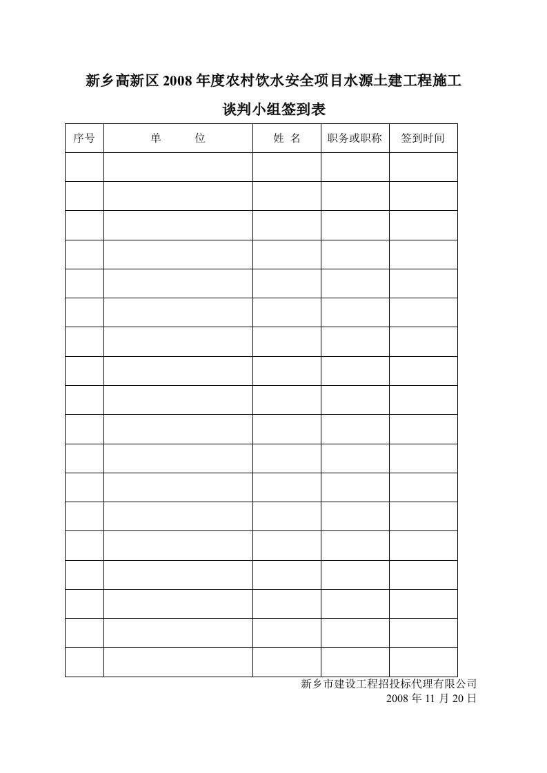 新乡高新区农村饮水安全项目水源土建工程施工谈判用表