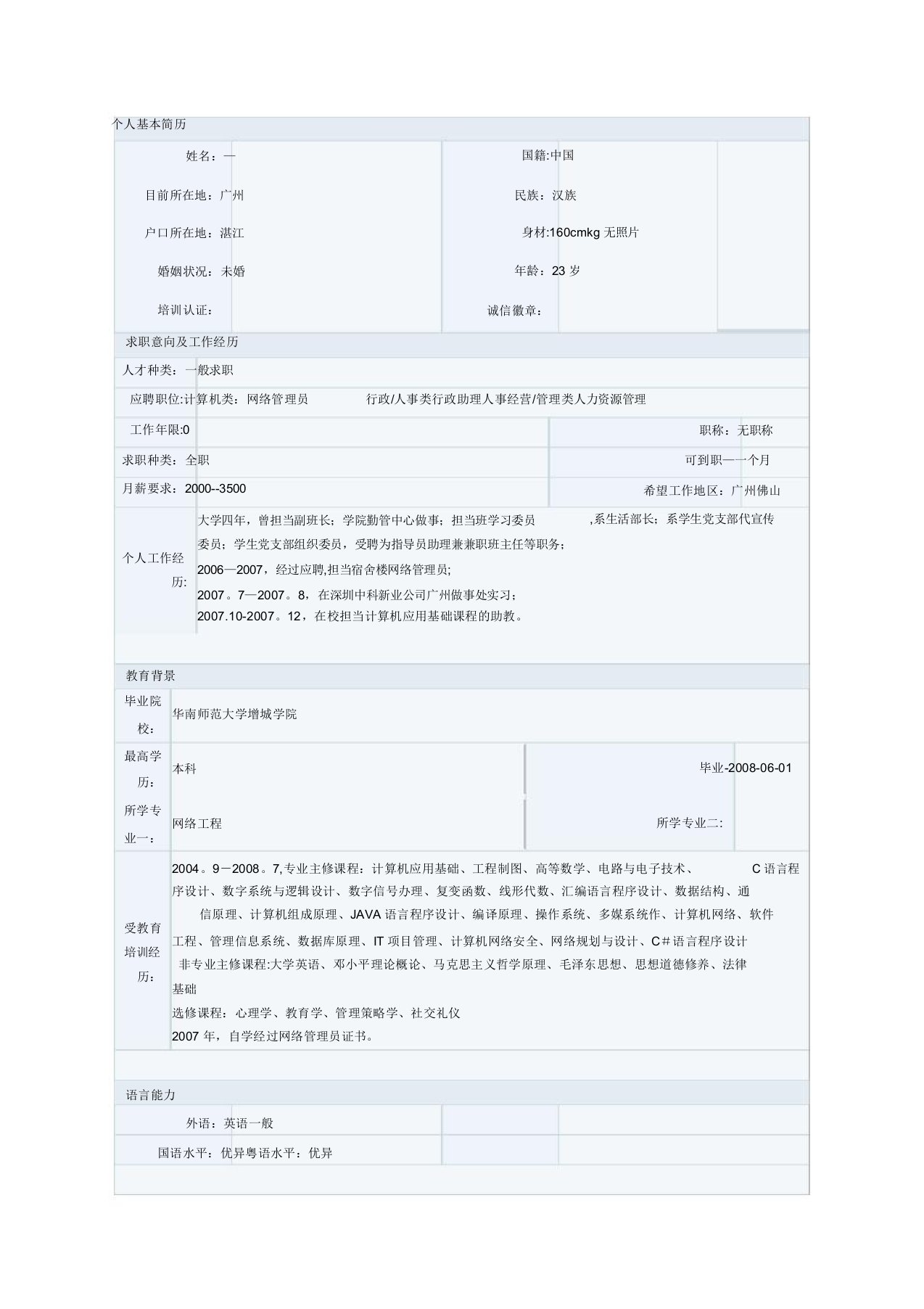 网络工程类专业简历模板