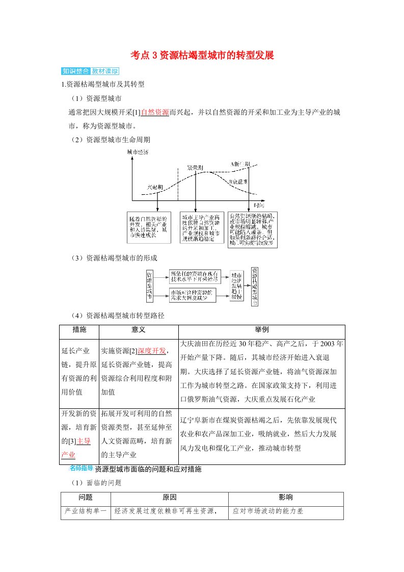 备考2024届高考地理一轮复习讲义第三部分区域发展第二章资源环境与区域发展考点3资源枯竭型城市的转型发展