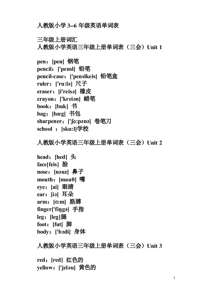 人教版小学3--6年级英语单词表带音标（荐）