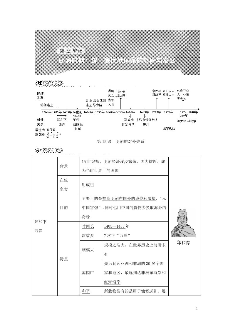 河北专版2022七年级历史下册第三单元明清时期：统一多民族国家的巩固与发展第15课明朝的对外关系背记手册新人教版