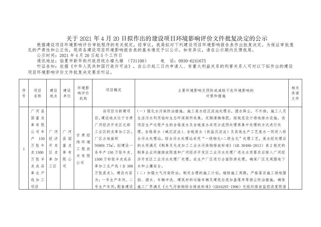 有关2021年4月20日拟作出建设项目环境影响评价文件批复