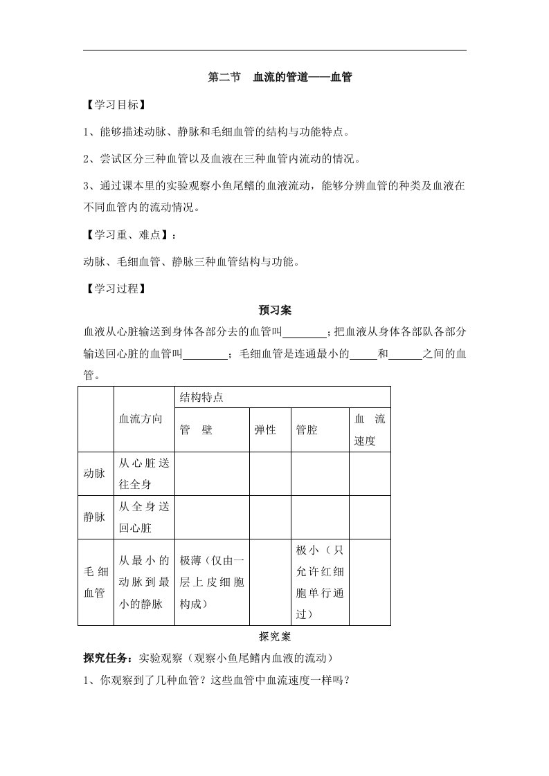 《血流的管道—血管》预习学案