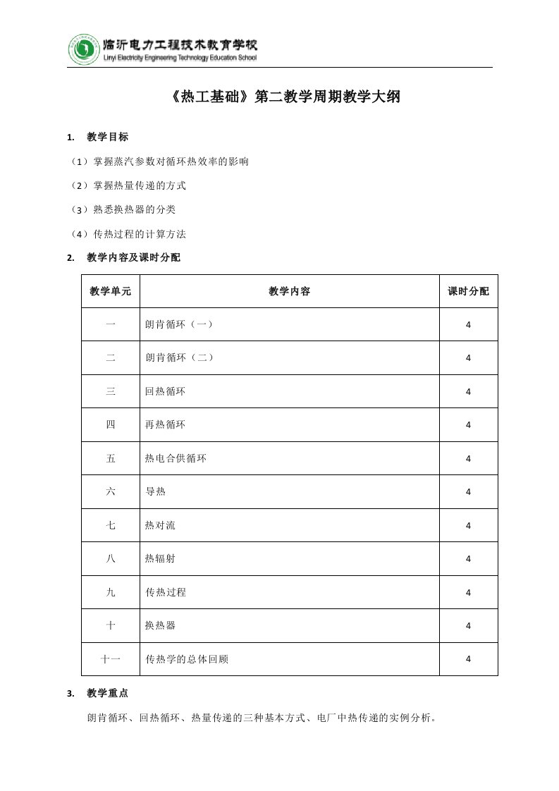 教学大纲第二教学周期(热工基础)