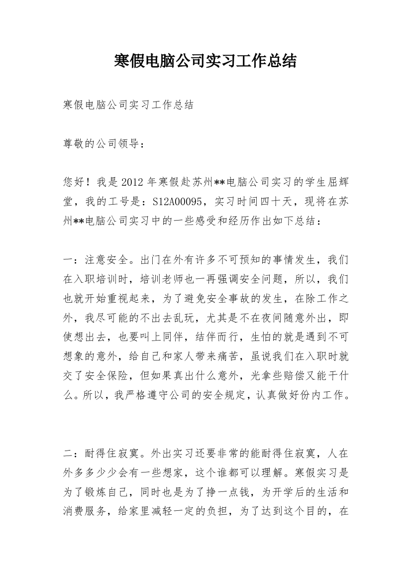 寒假电脑公司实习工作总结