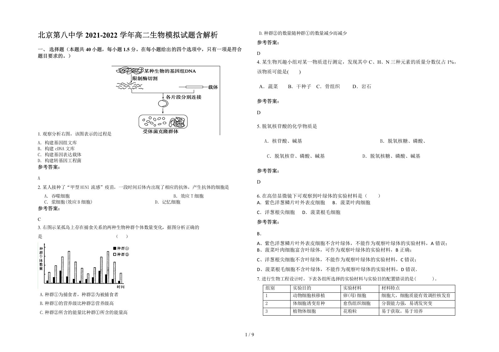 北京第八中学2021-2022学年高二生物模拟试题含解析