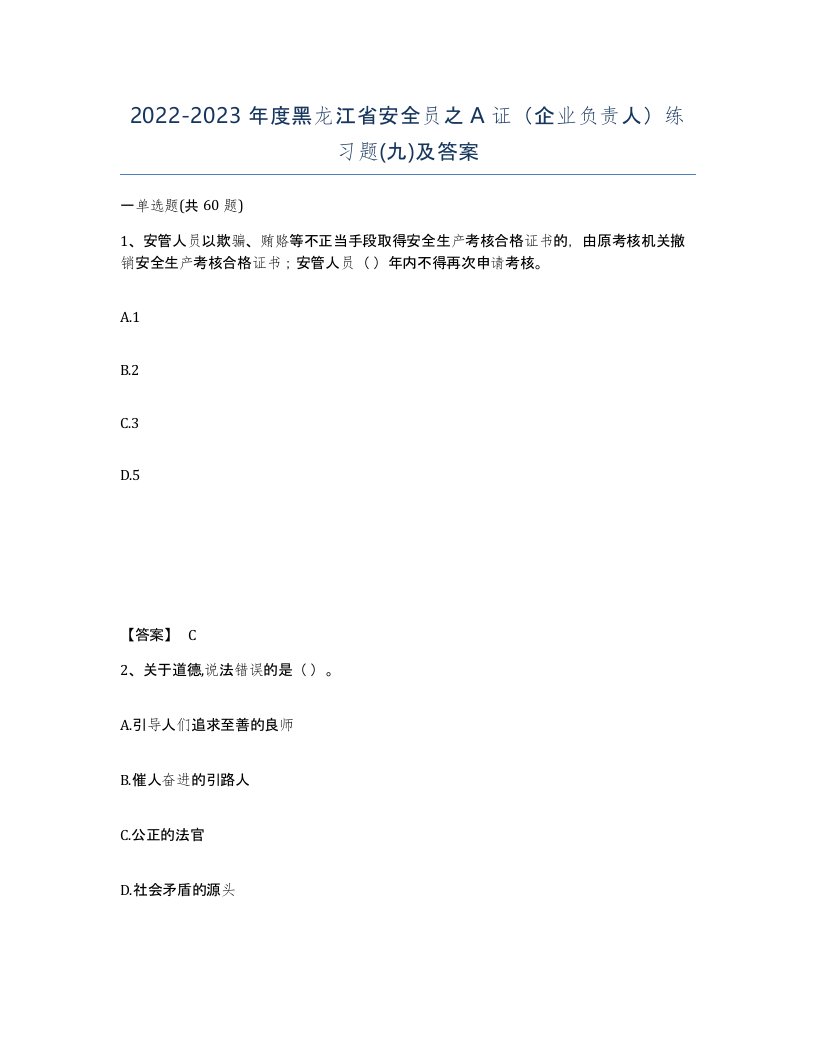 2022-2023年度黑龙江省安全员之A证企业负责人练习题九及答案