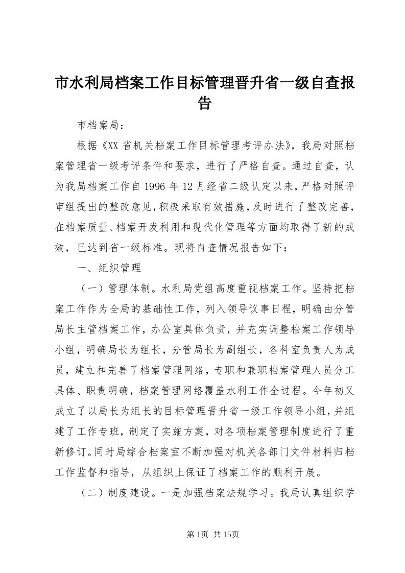 5市水利局档案工作目标管理晋升省一级自查报告