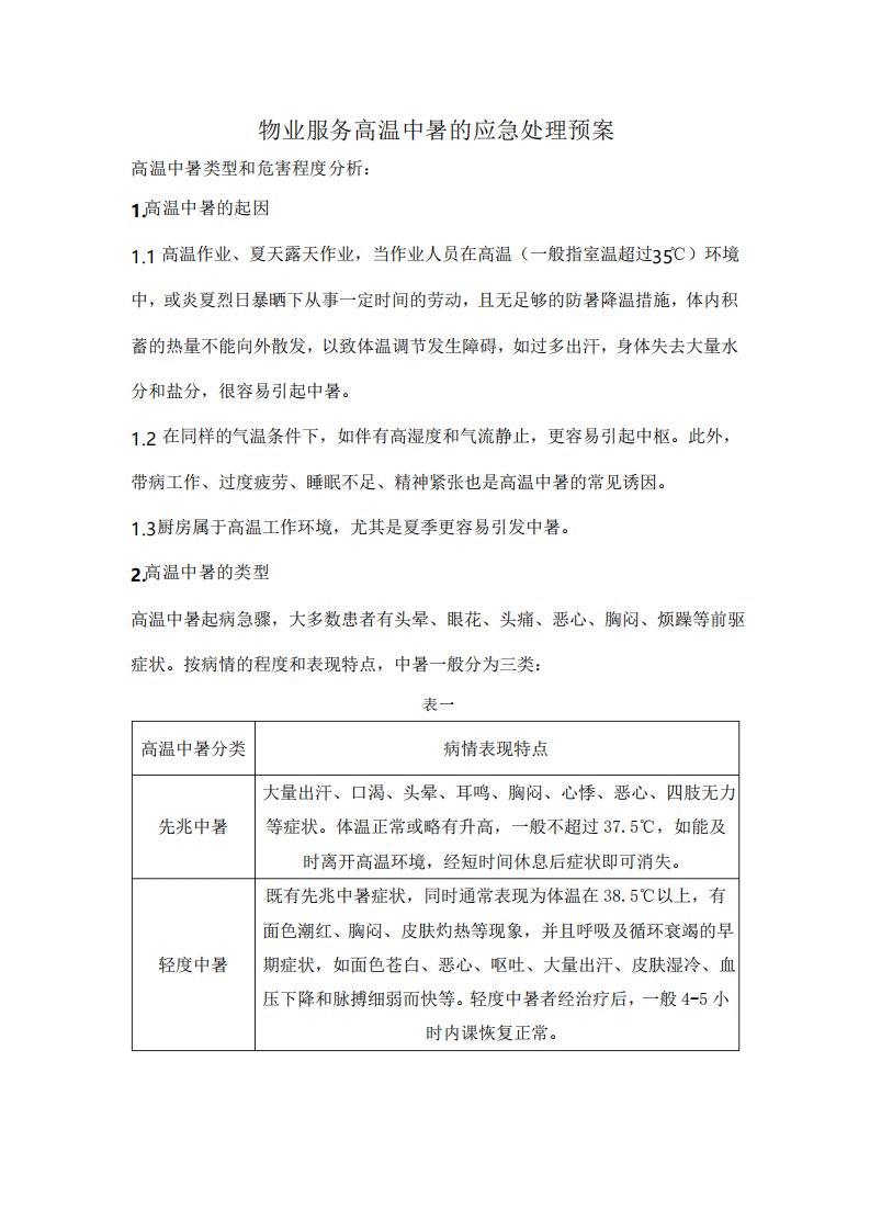 物业服务高温中暑的应急处理预案