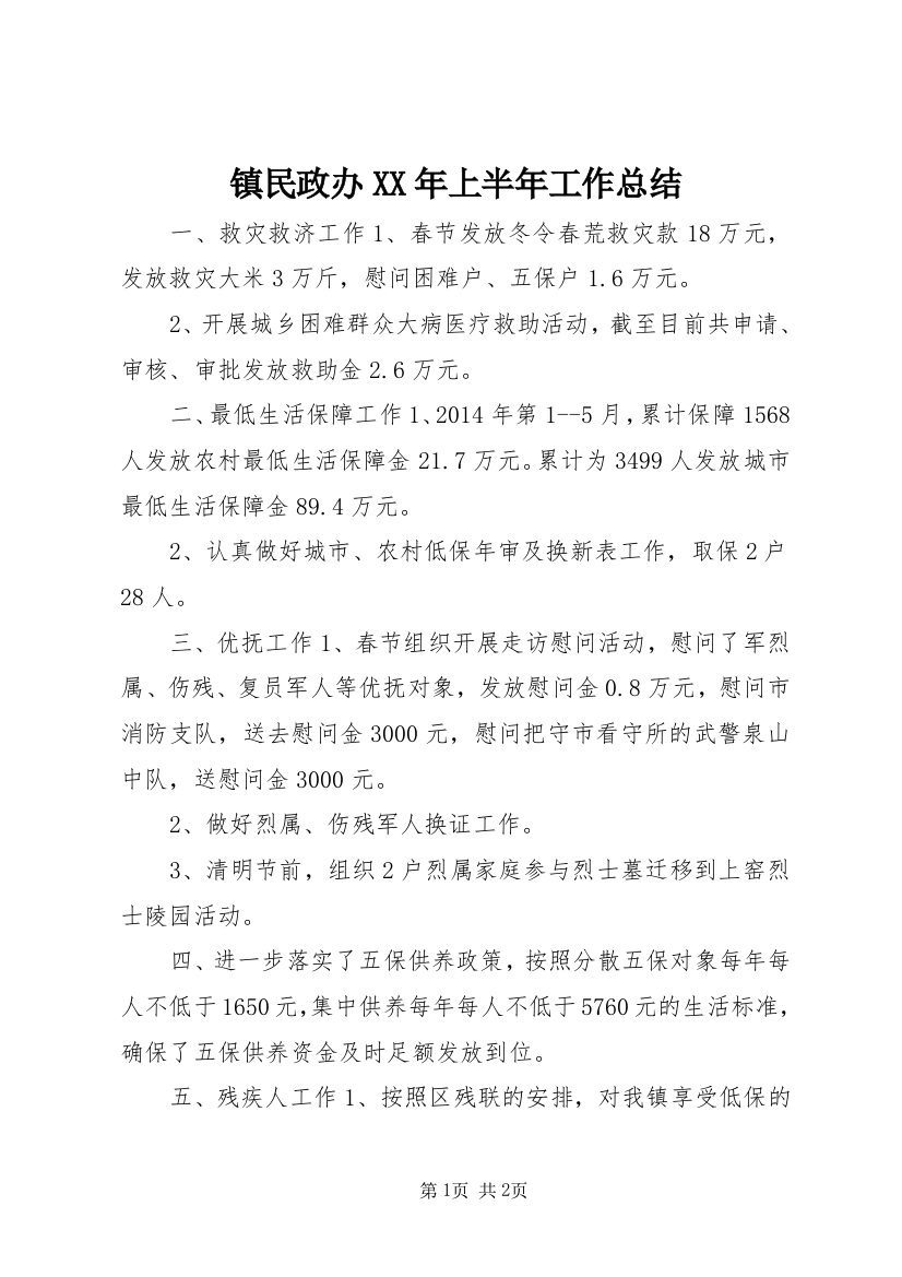 镇民政办XX年上半年工作总结