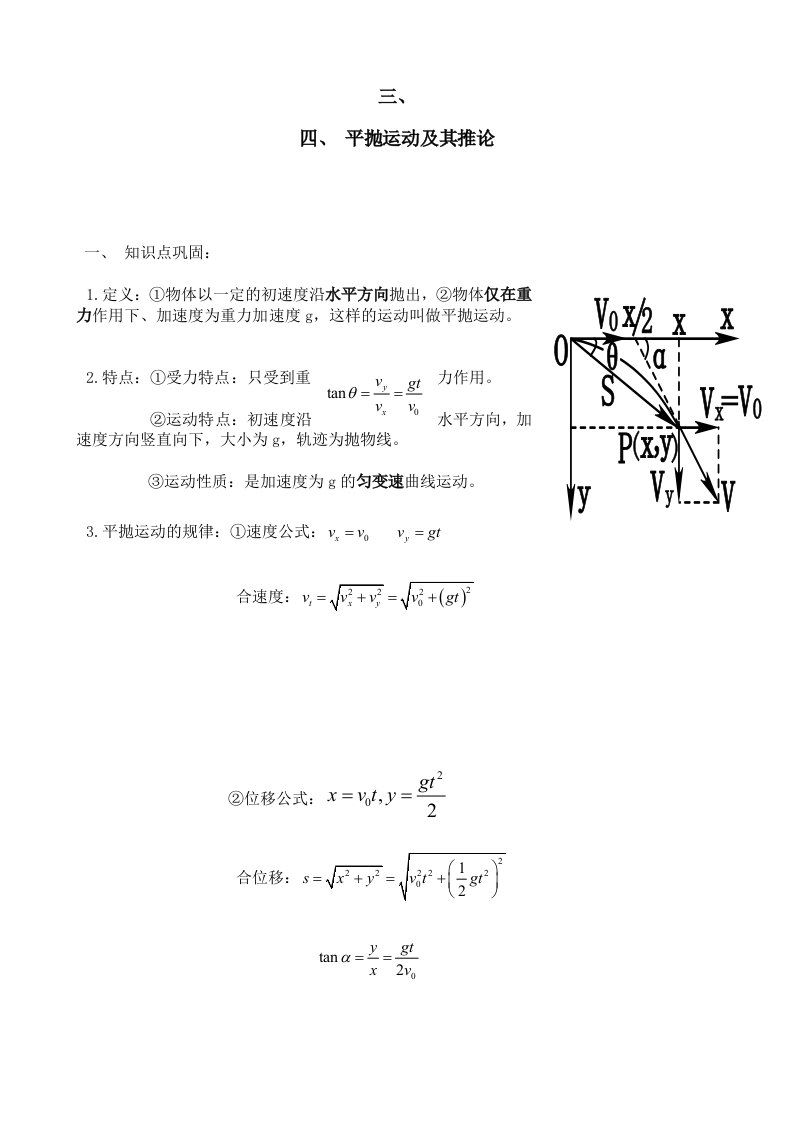 平抛运动知识点归纳总结及解题方法归类归纳总结