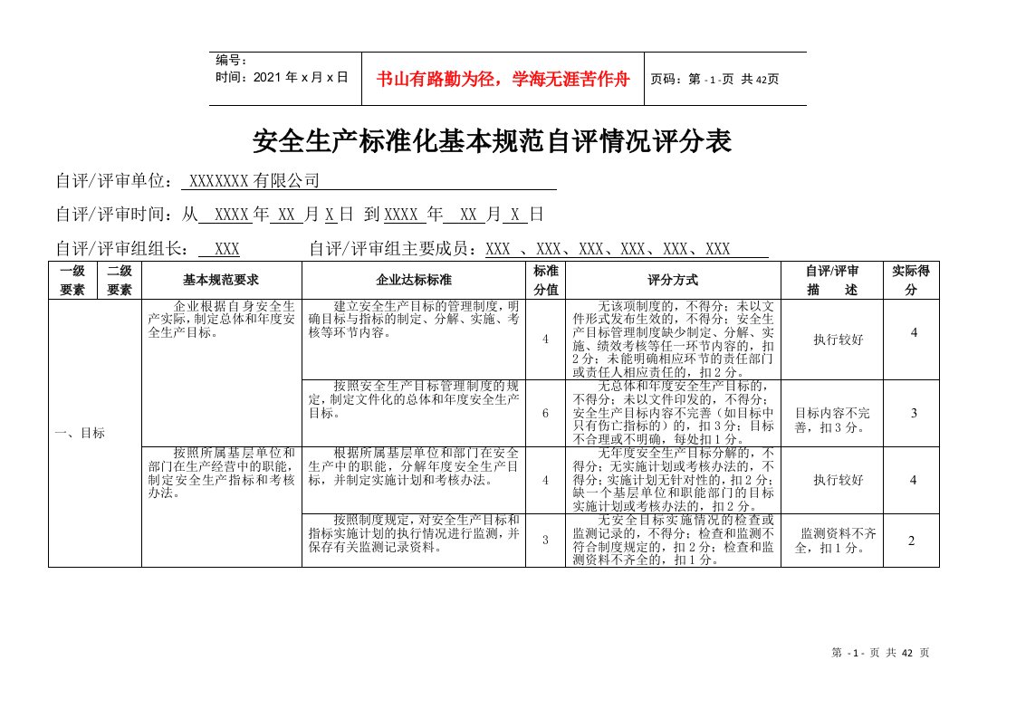 安全生产标准化自评情况评分表