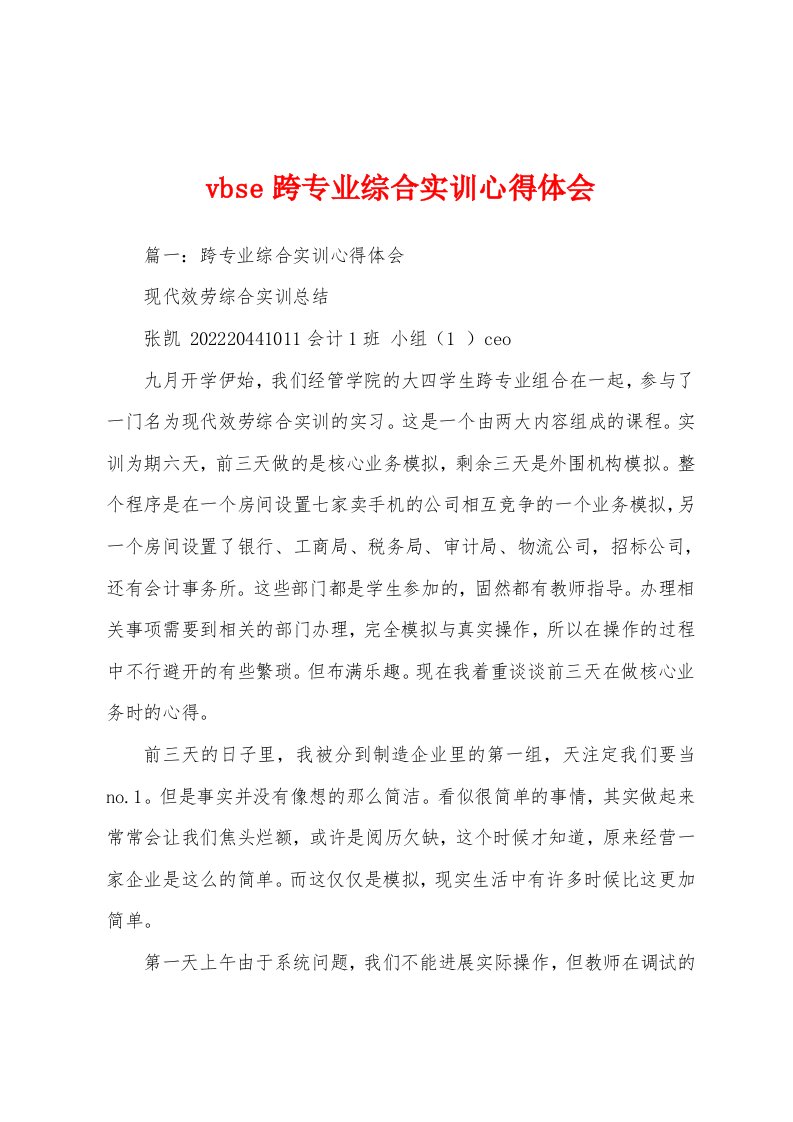 vbse跨专业综合实训心得体会