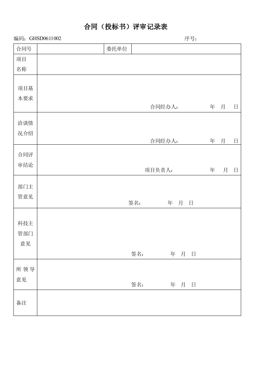 合同(投标书)评审记录表