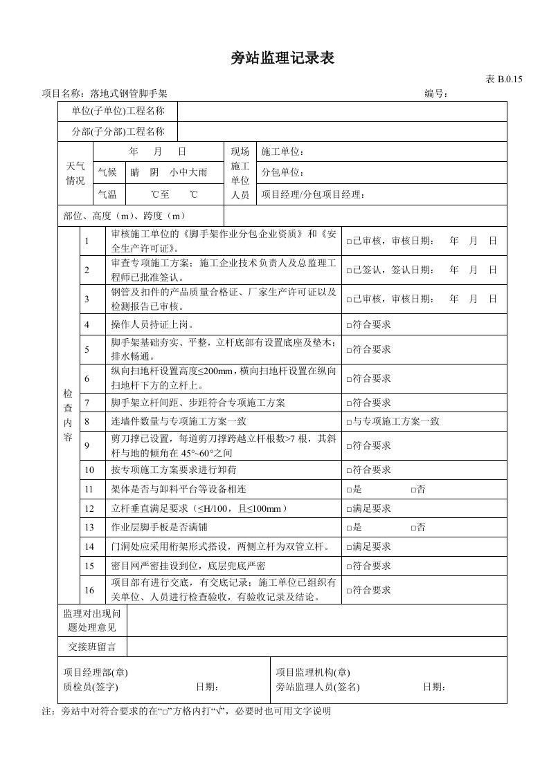 落地式钢管脚手架旁站监理记录表