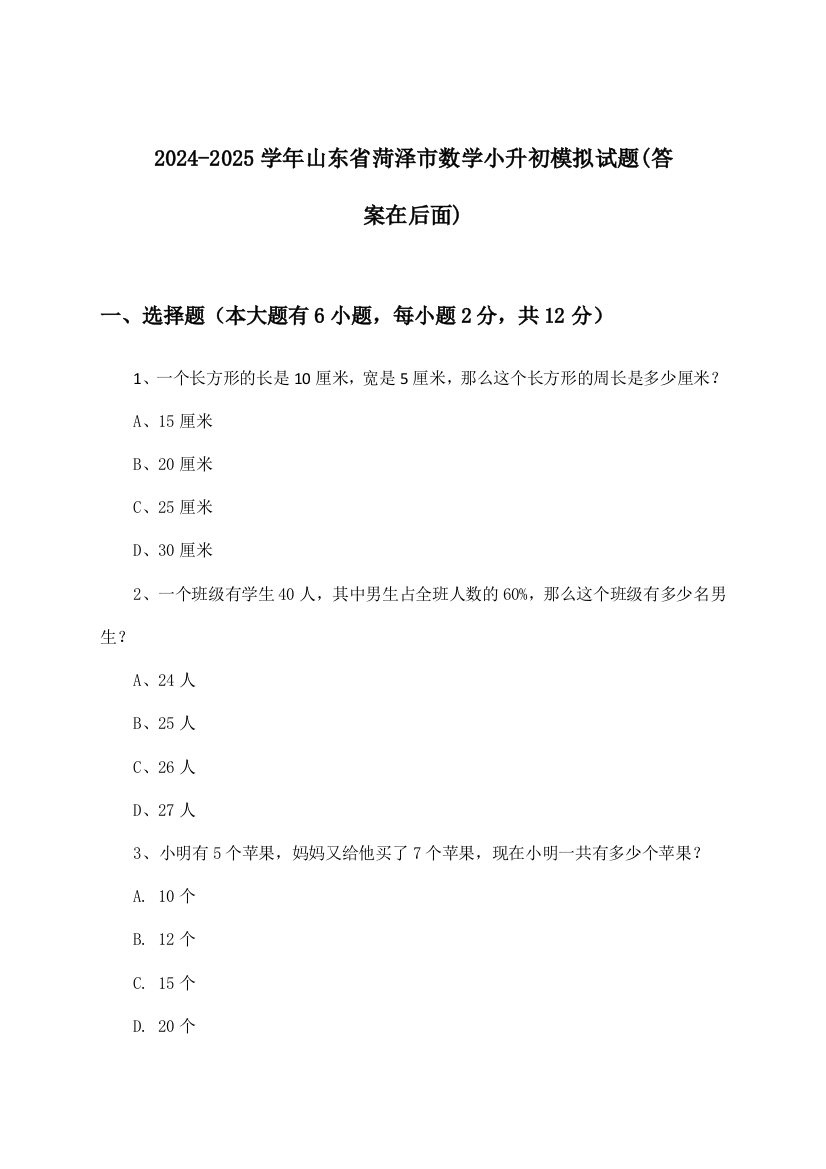 2024-2025学年山东省菏泽市小升初数学试题及答案指导