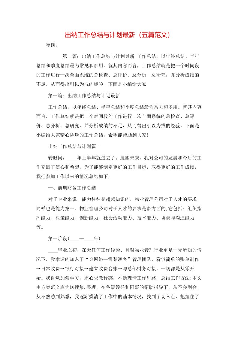 出纳工作总结与计划最新（五篇范文）