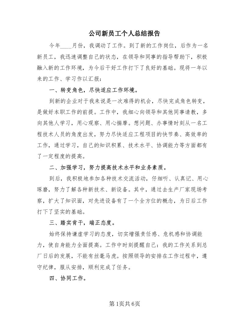 公司新员工个人总结报告（4篇）