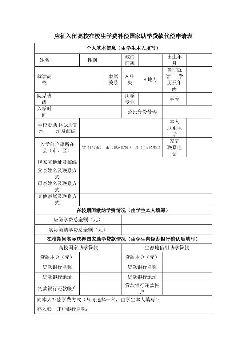 应征入伍高校在校生学费补偿国家助学贷款代偿申请表2