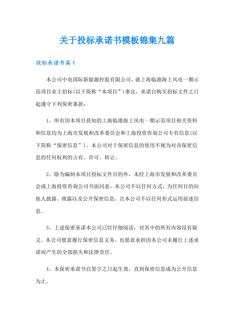 关于投标承诺书模板锦集九篇