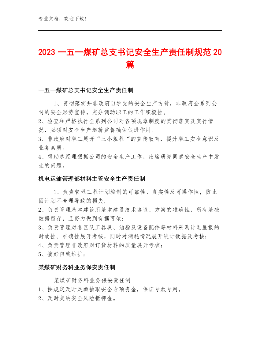 2023一五一煤矿总支书记安全生产责任制规范20篇