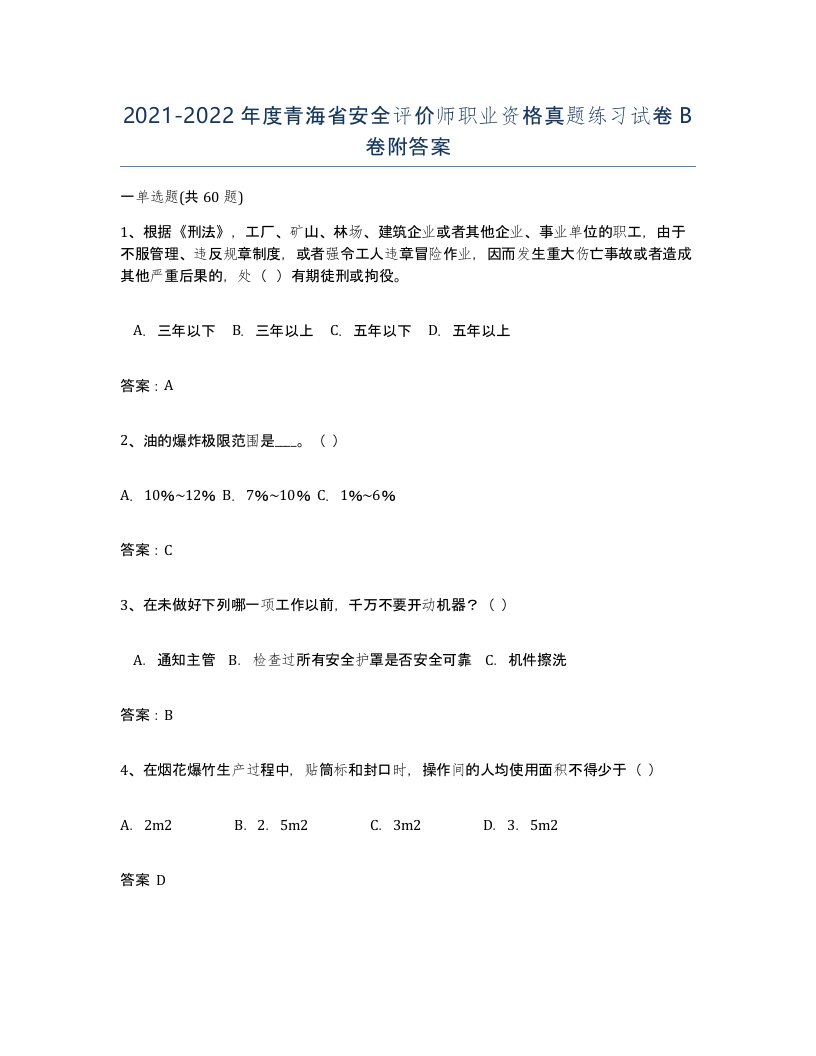 2021-2022年度青海省安全评价师职业资格真题练习试卷B卷附答案