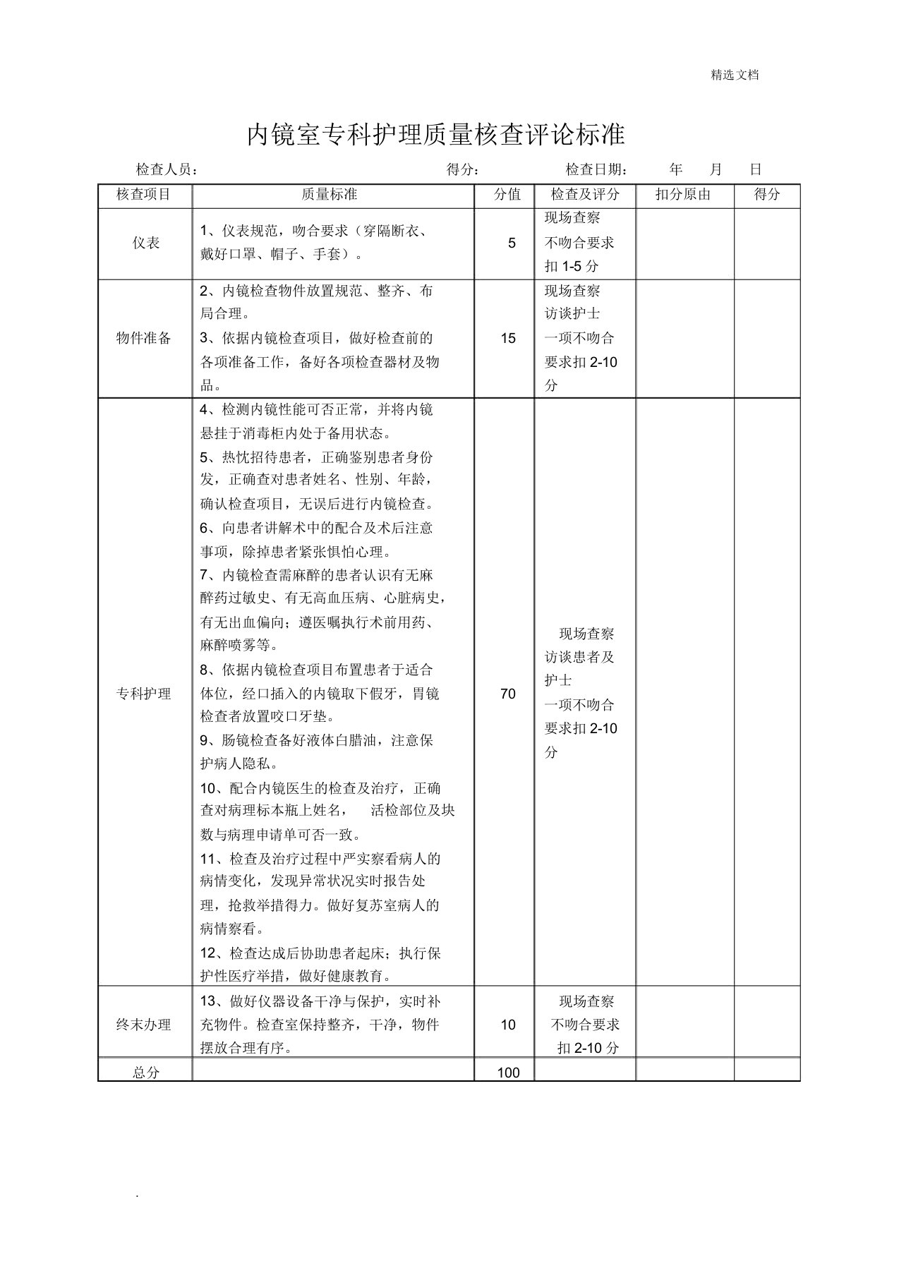 内镜室专科护理质量考核评价标准