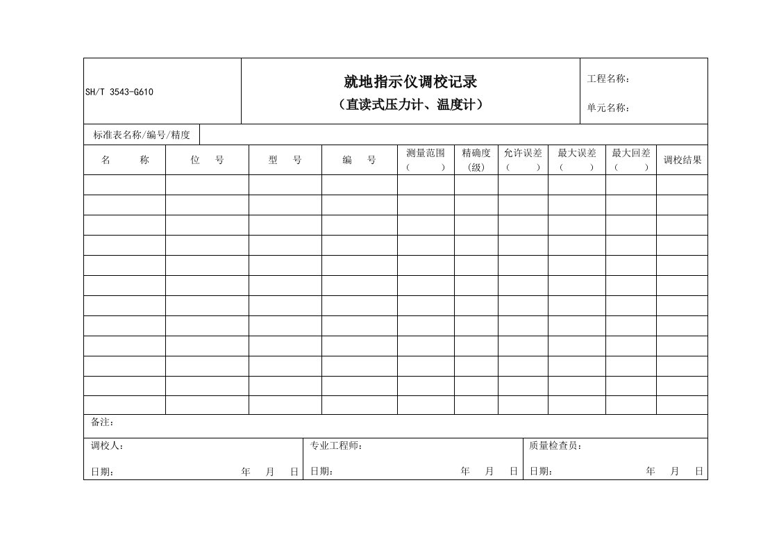 就地指示仪调校记录(直读式压力计、温度计)