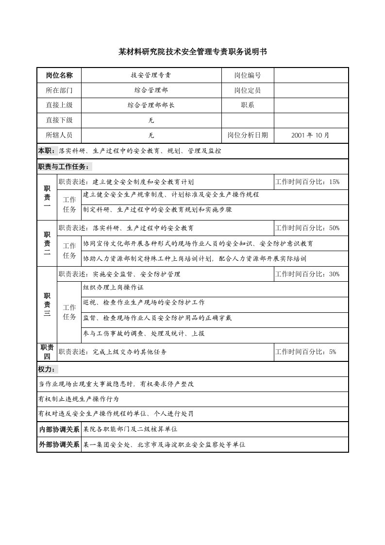 技术安全管理专责职务说明书