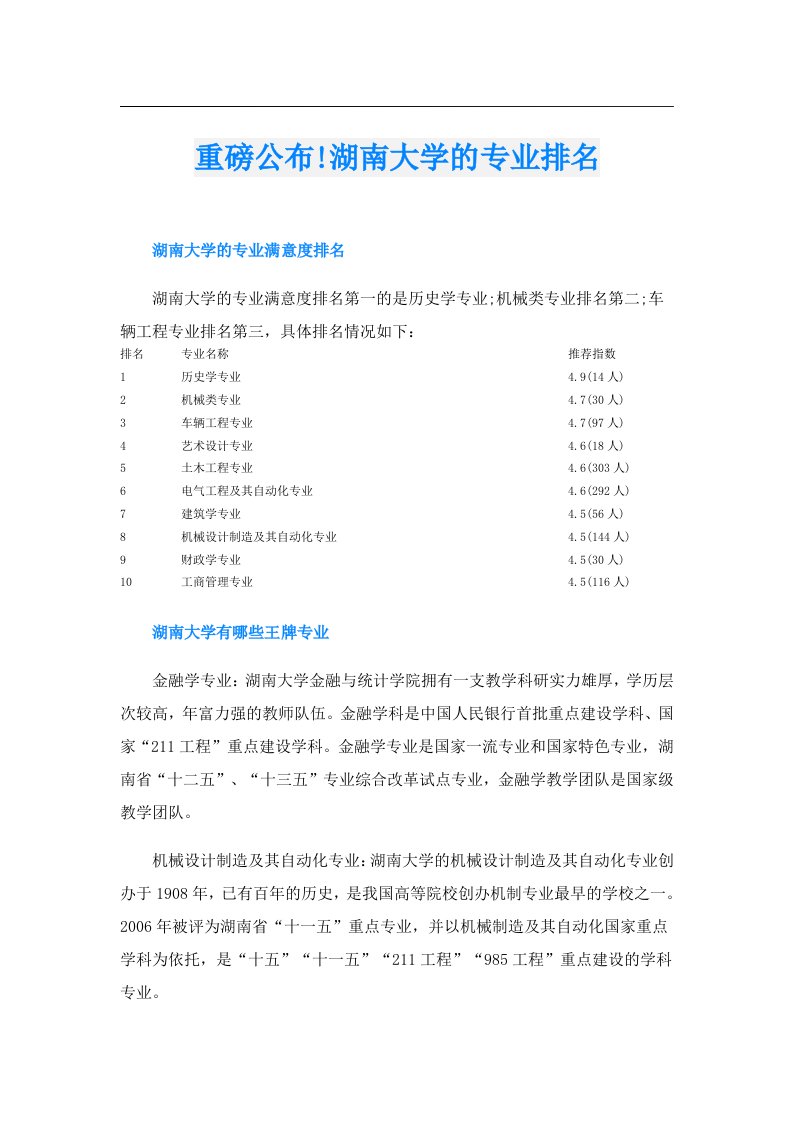 重磅公布!湖南大学的专业排名