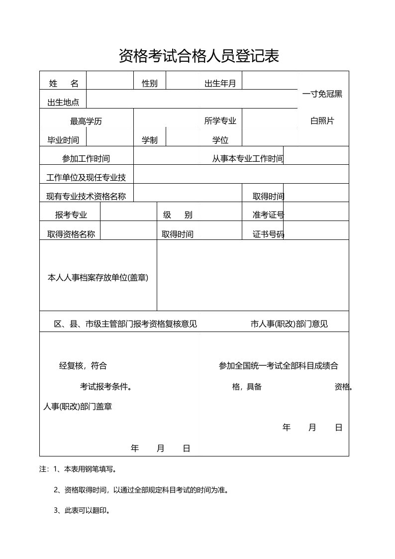 会计资格考试合格人员登记表