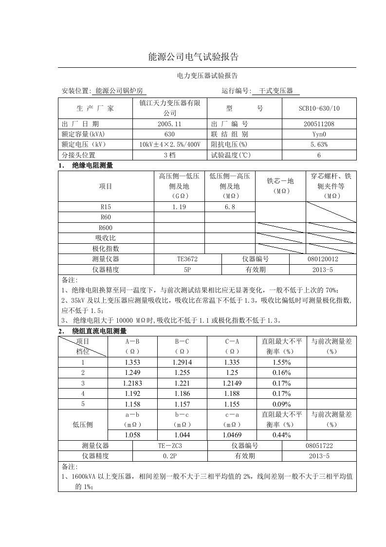 变压器调试报告标准表格