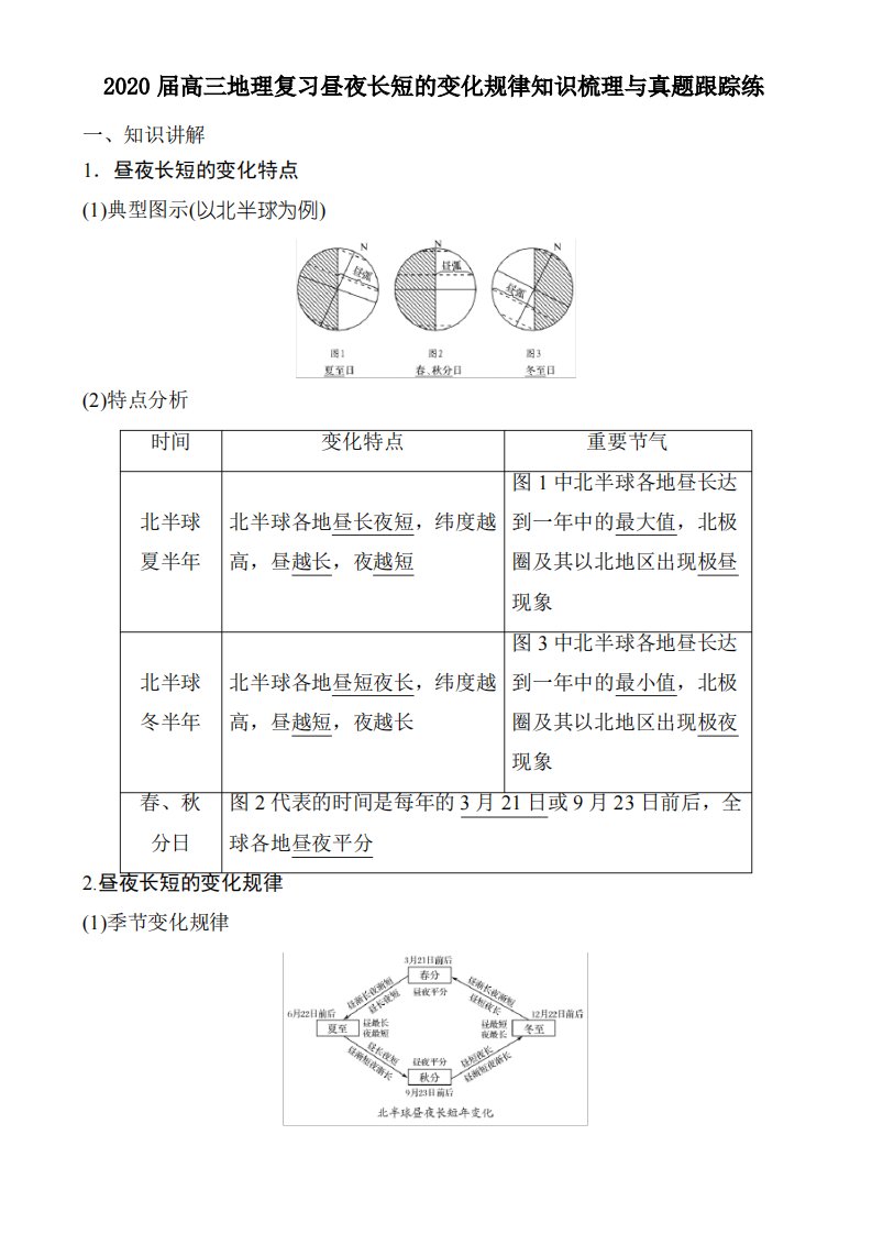 2020届高考地理复习昼夜长短的变化规律知识梳理与真题跟踪练