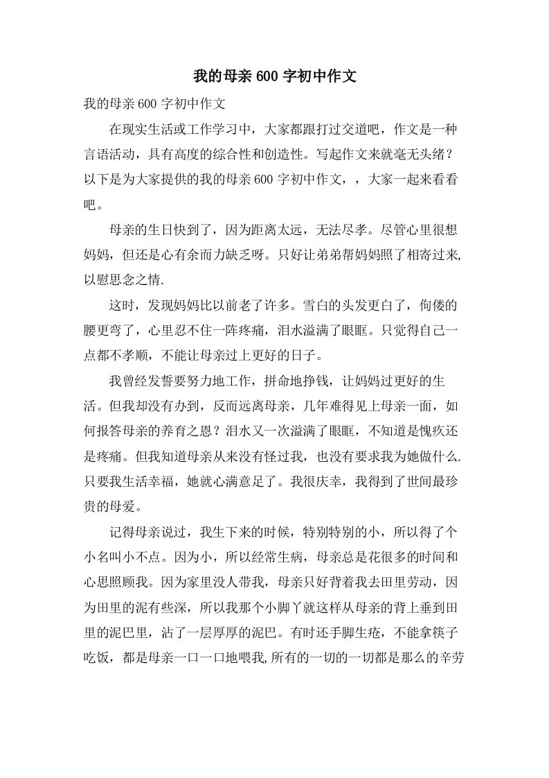 我的母亲600字初中作文