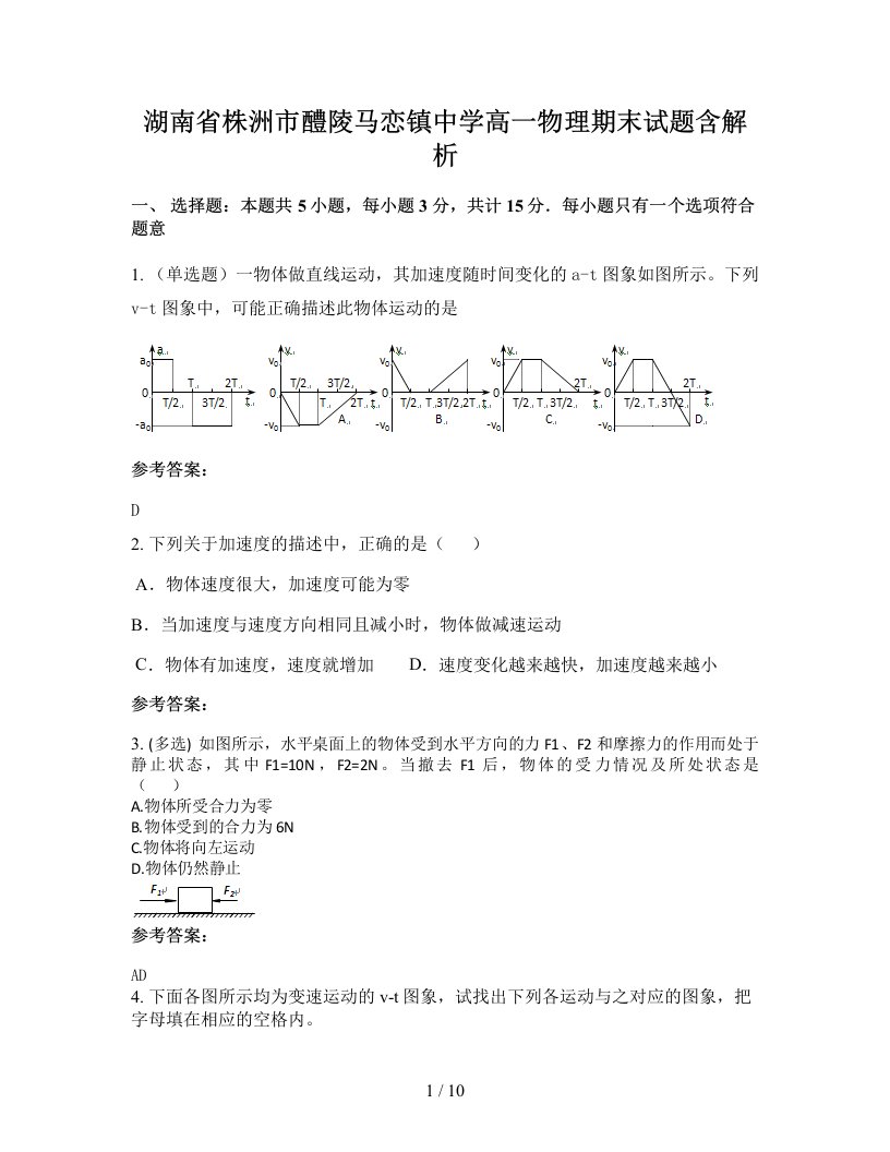 湖南省株洲市醴陵马恋镇中学高一物理期末试题含解析