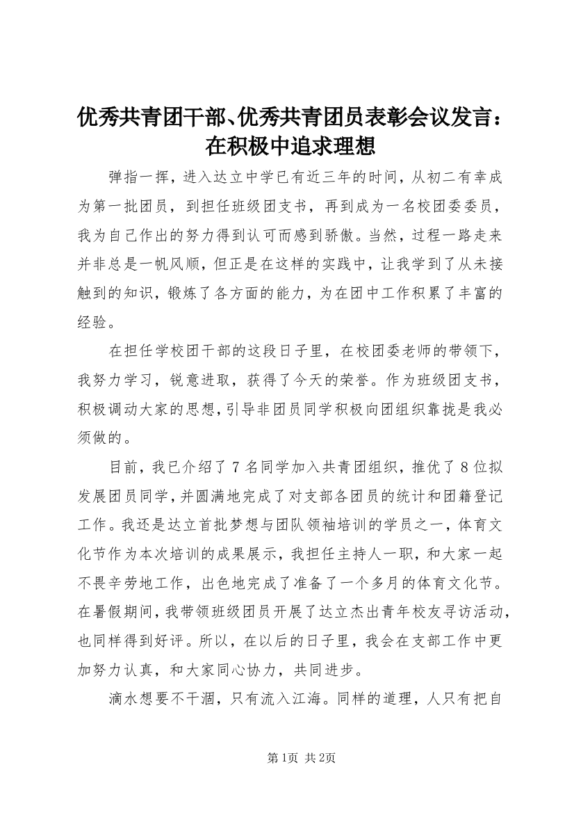 优秀共青团干部、优秀共青团员表彰会议发言：在积极中追求理想