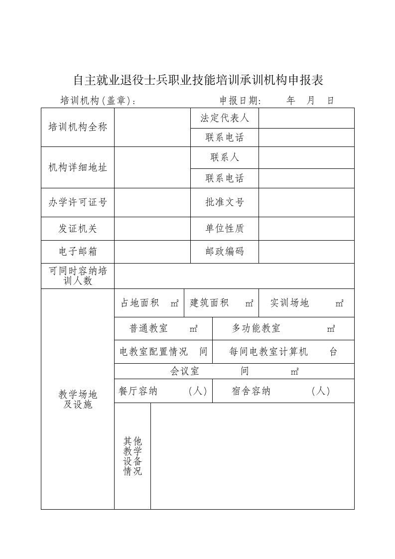 自主就业退役士兵职业技能培训承训机构申报表