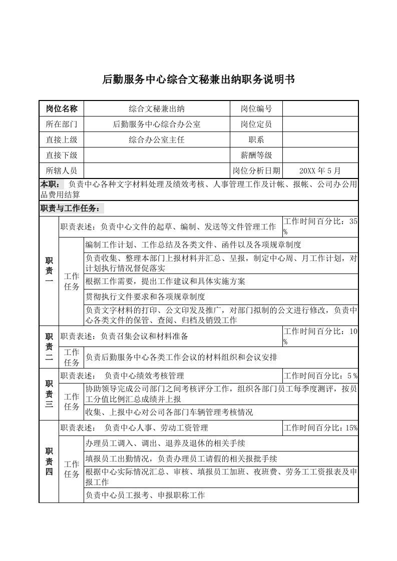 推荐-后勤服务中心综合文秘兼出纳职务说明书