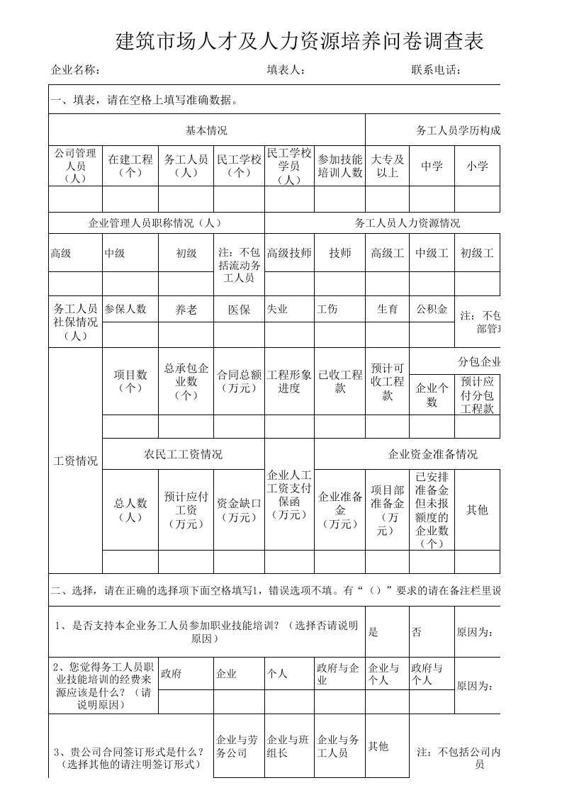 建筑市场人才及人力资源现状问卷调查表