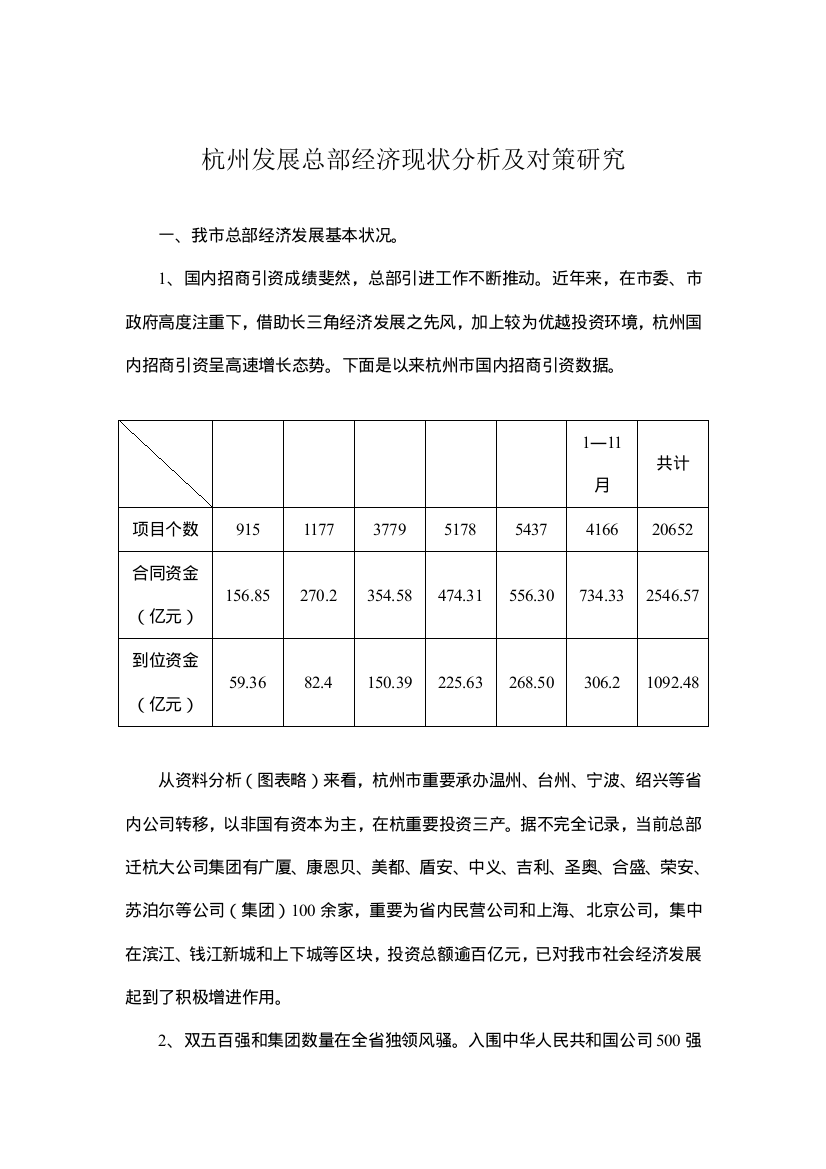 杭州发展总部经济现状分析及对策研究样本