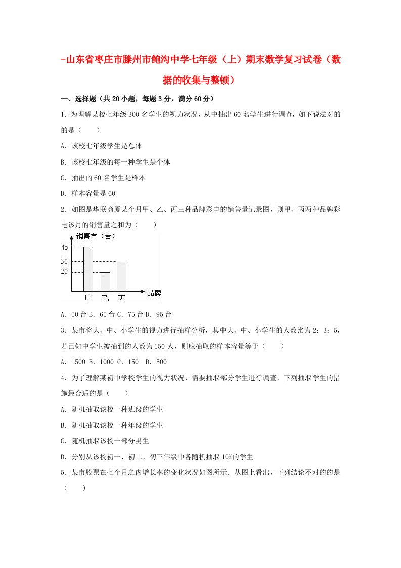 山东省枣庄市滕州市鲍沟中学-七年级数学上学期期末复习试卷（数据的收集与整理）（含解析）北师大版