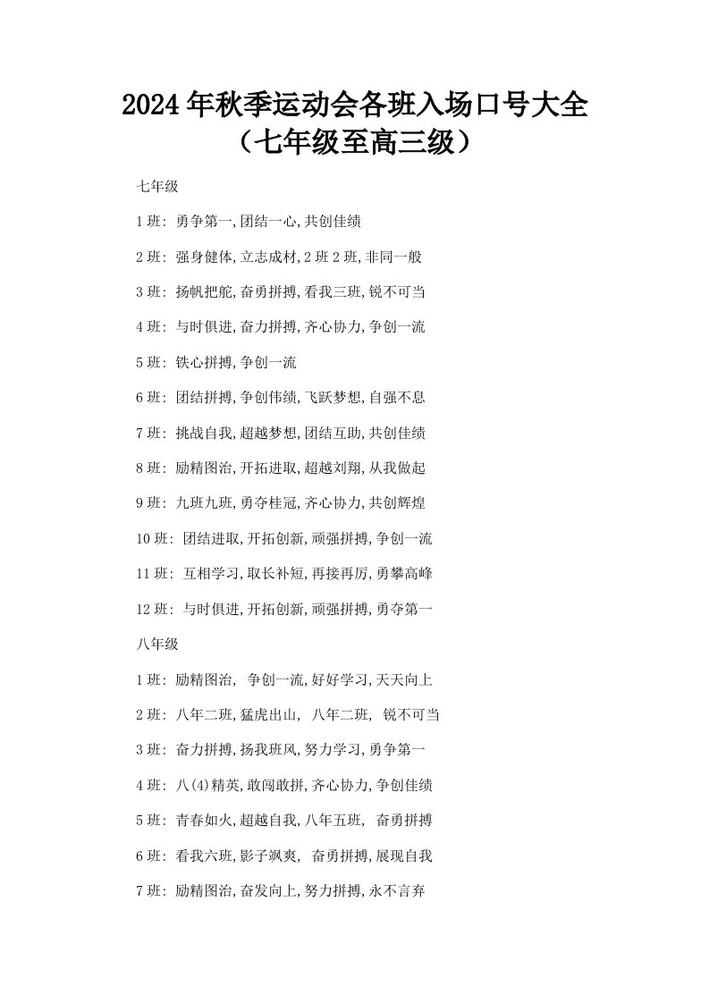 2024年秋季运动会各班入场口号大全七年级至高三级