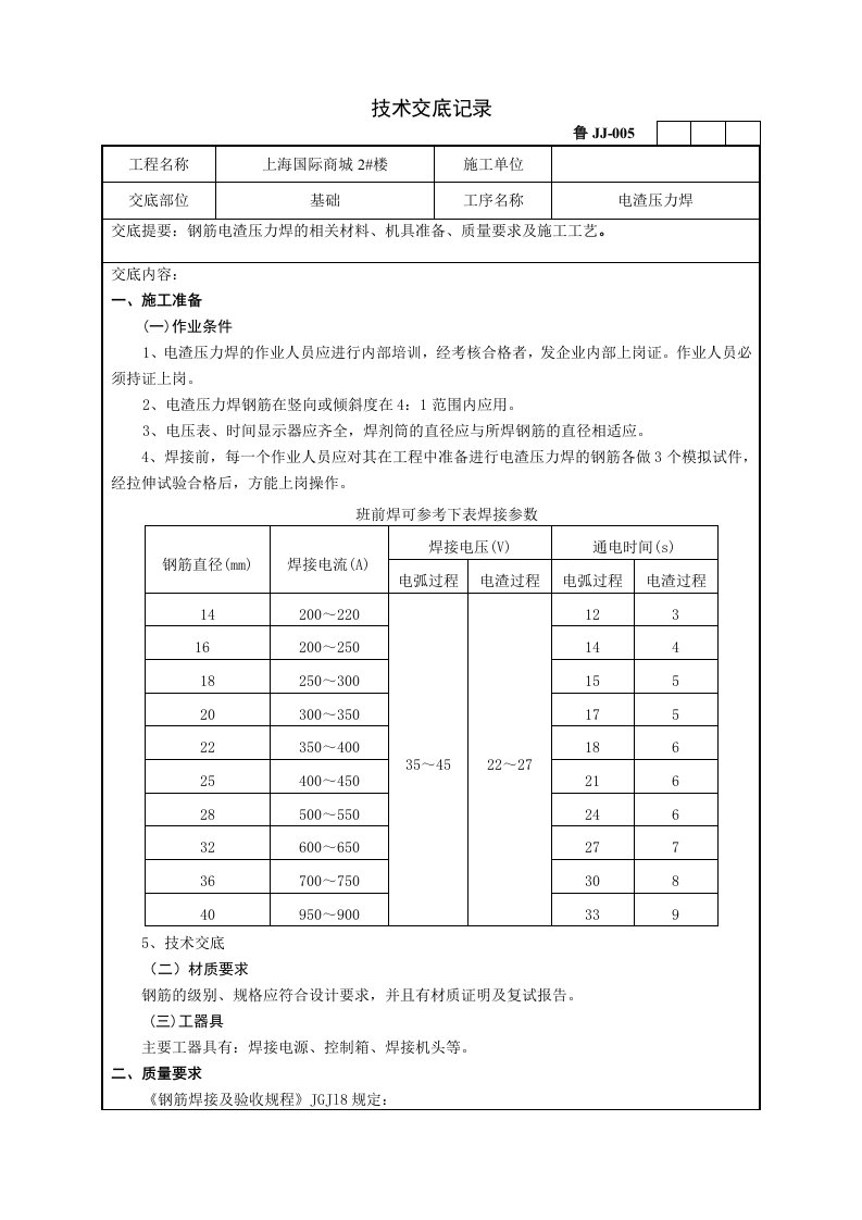 独立基础模板、钢筋、压力焊工程技术交底记录