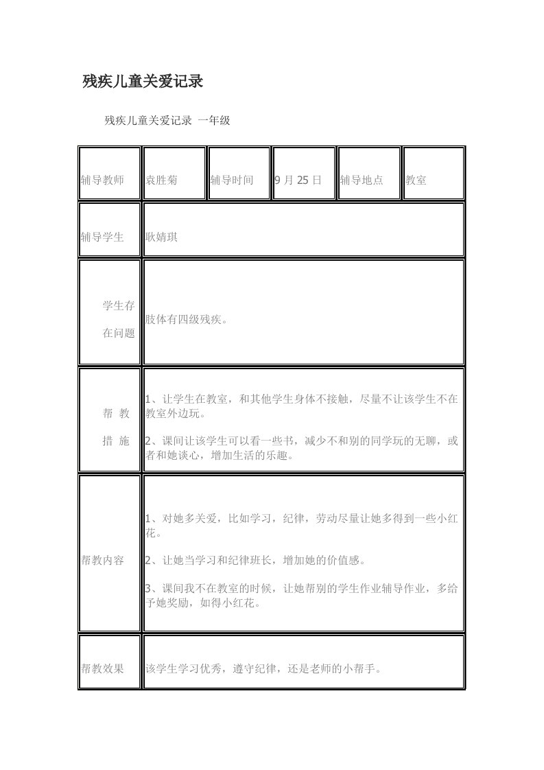 残疾儿童帮扶记录