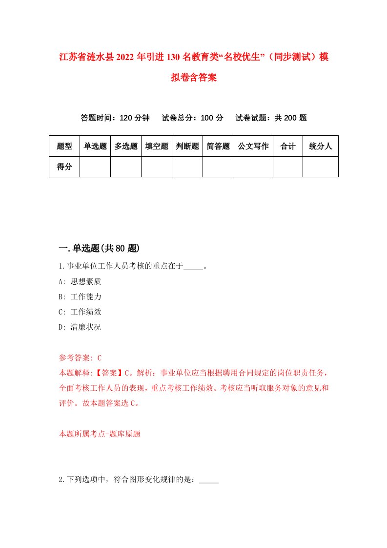 江苏省涟水县2022年引进130名教育类名校优生同步测试模拟卷含答案8