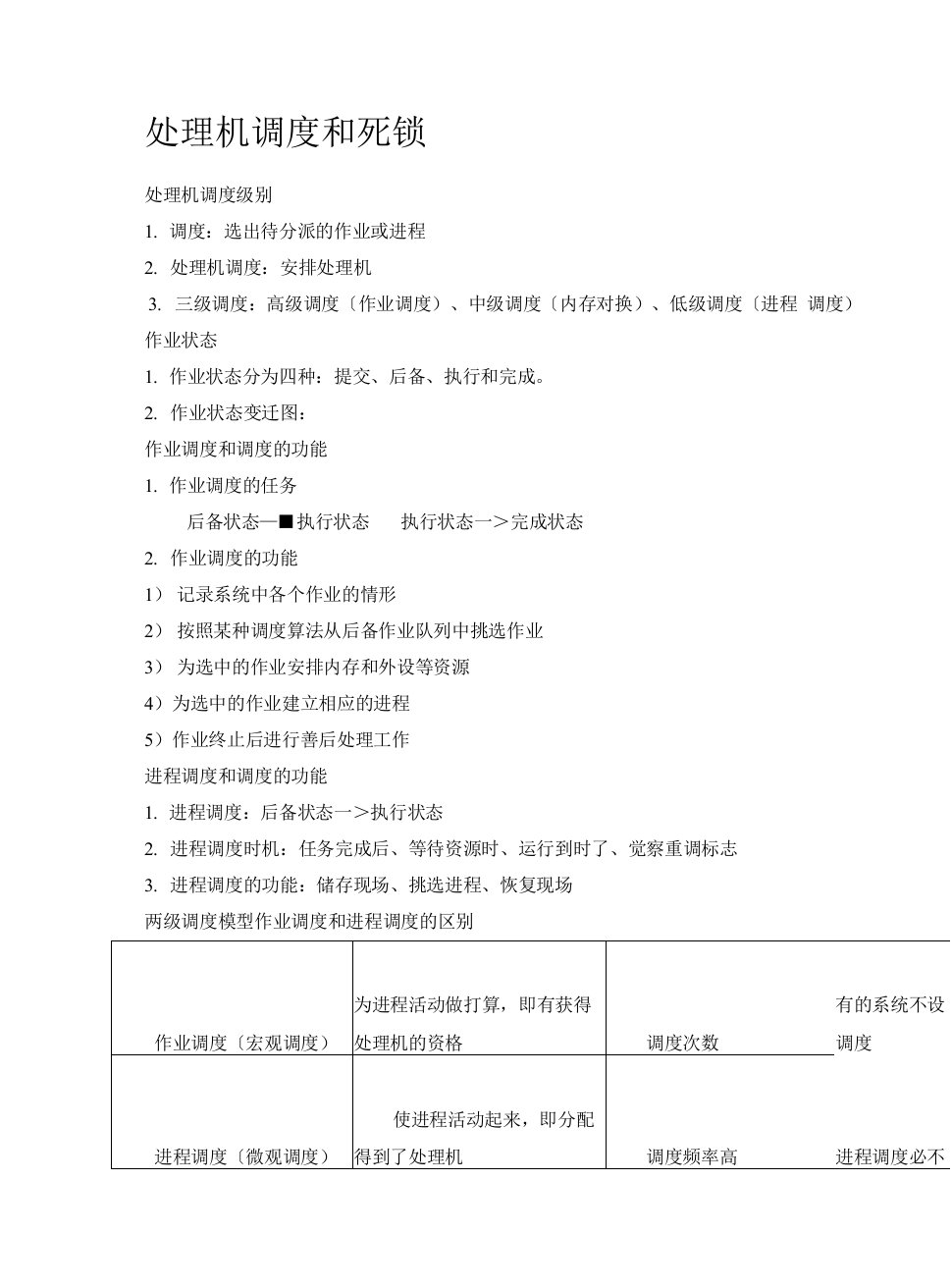 处理机调度和死锁知识点