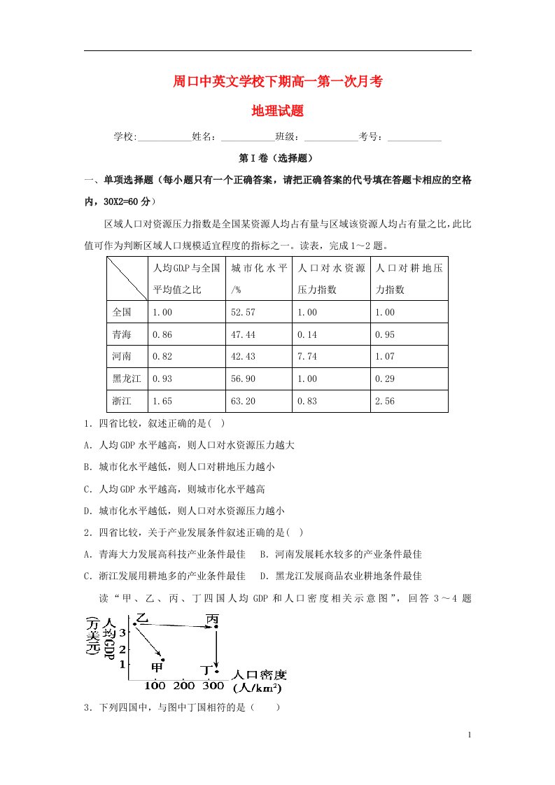 河南省周口中英文学校高一地理下学期第一次月考试题