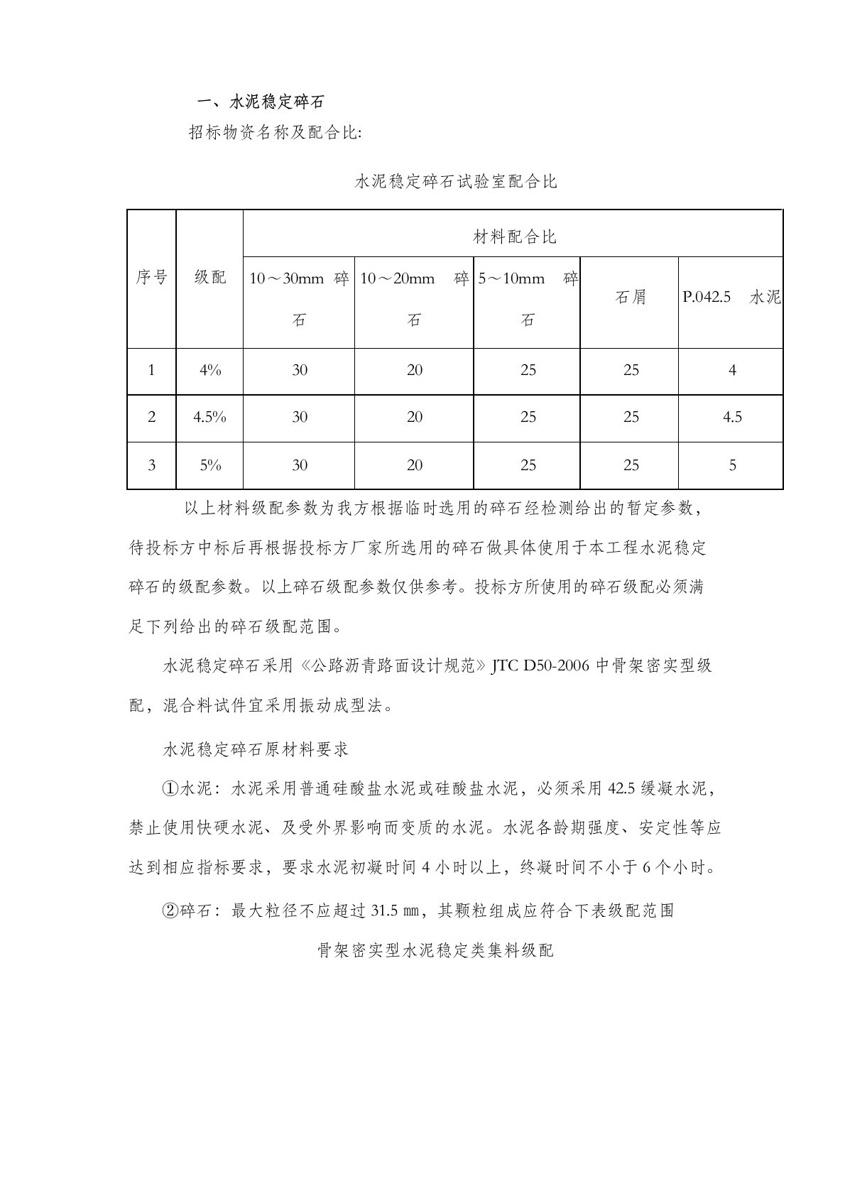 水泥稳定碎石投标技术规格书