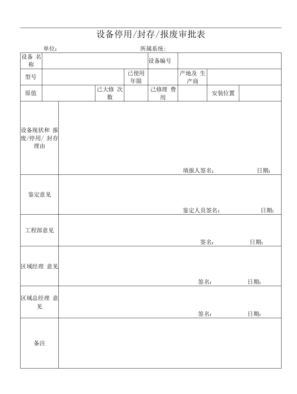 物业设备停用封存报废审批表